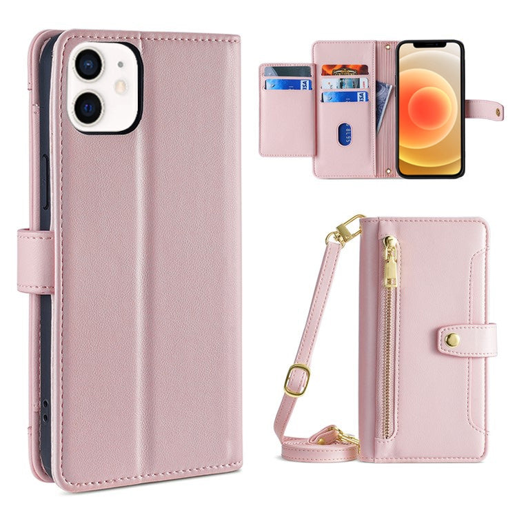 For iPhone 12 / 12 Pro Sheep Texture Cross-body Zipper Wallet Leather Phone Case(Pink) - iPhone 12 / 12 Pro Cases by buy2fix | Online Shopping UK | buy2fix