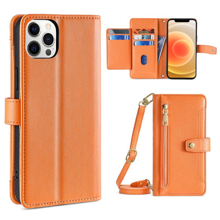 For iPhone 12 Pro Max Sheep Texture Cross-body Zipper Wallet Leather Phone Case(Orange) - iPhone 12 Pro Max Cases by buy2fix | Online Shopping UK | buy2fix