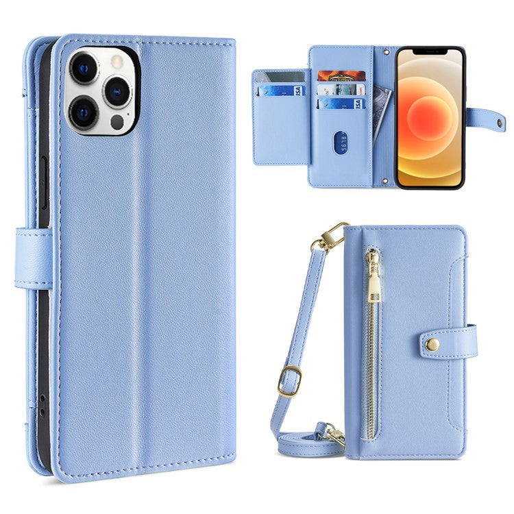 For iPhone 12 Pro Max Sheep Texture Cross-body Zipper Wallet Leather Phone Case(Blue) - iPhone 12 Pro Max Cases by buy2fix | Online Shopping UK | buy2fix