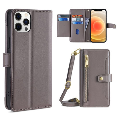 For iPhone 12 Pro Max Sheep Texture Cross-body Zipper Wallet Leather Phone Case(Grey) - iPhone 12 Pro Max Cases by buy2fix | Online Shopping UK | buy2fix