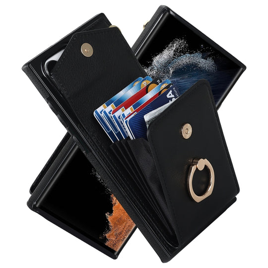 For Samsung Galaxy S23 Ultra 5G Ring Holder RFID Card Slot Phone Case(Black)