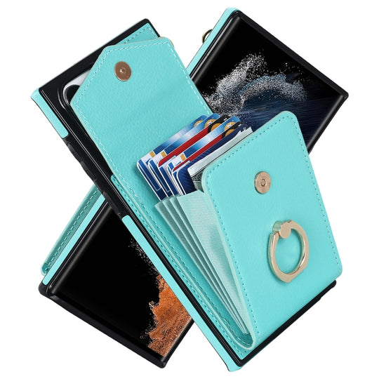 For Samsung Galaxy S23 Ultra 5G Ring Holder RFID Card Slot Phone Case(Mint Green)