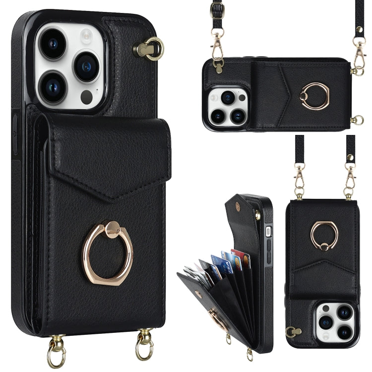 For iPhone 14 Ring Holder RFID Card Slot Phone Case with Long Lanyard(Black) - iPhone 14 Cases by buy2fix | Online Shopping UK | buy2fix