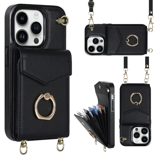 For iPhone 14 Ring Holder RFID Card Slot Phone Case with Long Lanyard(Black) - iPhone 14 Cases by buy2fix | Online Shopping UK | buy2fix