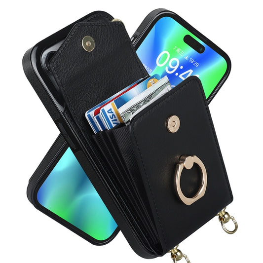 For iPhone 14 Ring Holder RFID Card Slot Phone Case with Long Lanyard(Black) - iPhone 14 Cases by buy2fix | Online Shopping UK | buy2fix