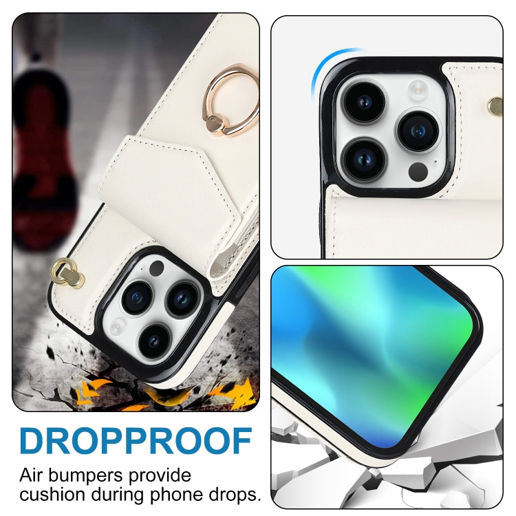 For iPhone 14 Ring Holder RFID Card Slot Phone Case with Long Lanyard(Beige) - iPhone 14 Cases by buy2fix | Online Shopping UK | buy2fix