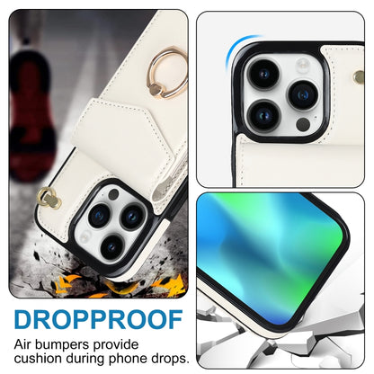 For iPhone 14 Ring Holder RFID Card Slot Phone Case with Long Lanyard(Beige) - iPhone 14 Cases by buy2fix | Online Shopping UK | buy2fix