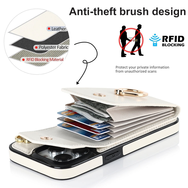 For iPhone 14 Ring Holder RFID Card Slot Phone Case with Long Lanyard(Beige) - iPhone 14 Cases by buy2fix | Online Shopping UK | buy2fix