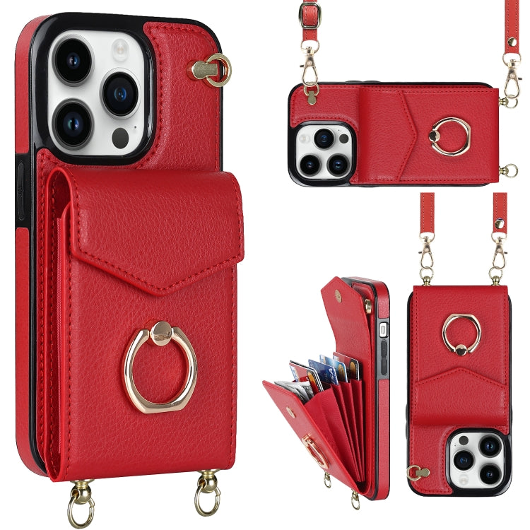 For iPhone 14 Ring Holder RFID Card Slot Phone Case with Long Lanyard(Red) - iPhone 14 Cases by buy2fix | Online Shopping UK | buy2fix