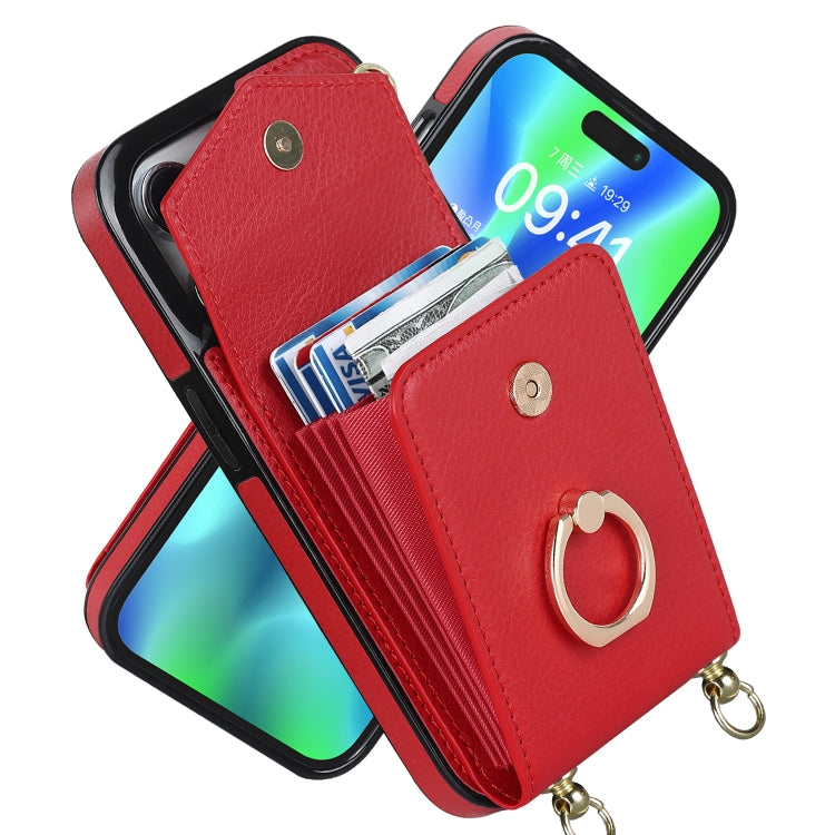 For iPhone 14 Ring Holder RFID Card Slot Phone Case with Long Lanyard(Red) - iPhone 14 Cases by buy2fix | Online Shopping UK | buy2fix