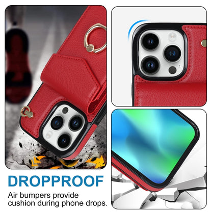 For iPhone 14 Ring Holder RFID Card Slot Phone Case with Long Lanyard(Red) - iPhone 14 Cases by buy2fix | Online Shopping UK | buy2fix