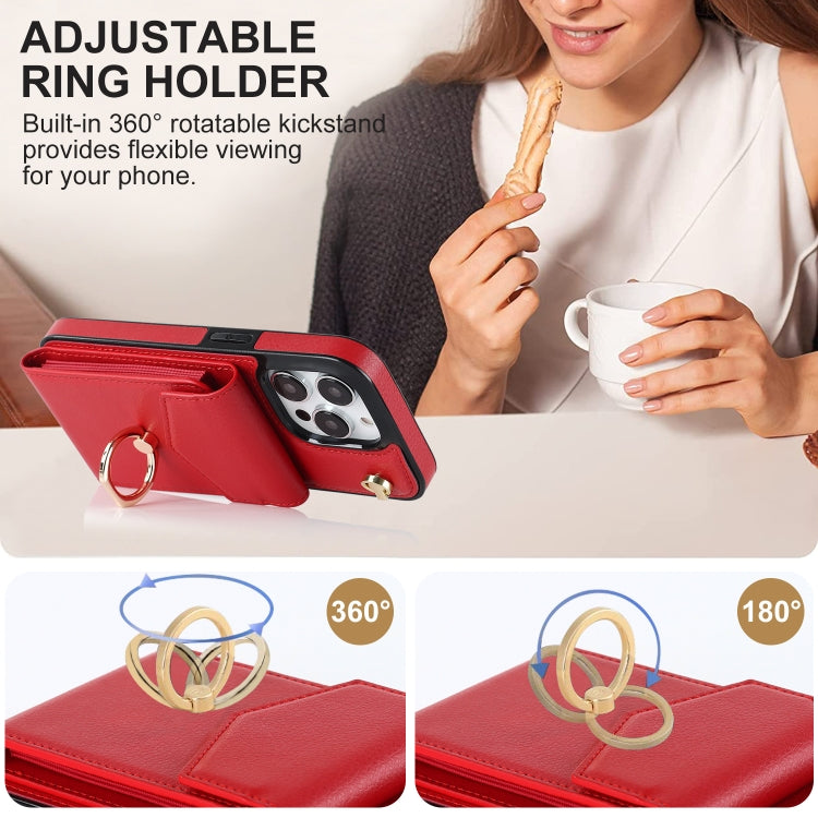 For iPhone 14 Ring Holder RFID Card Slot Phone Case with Long Lanyard(Red) - iPhone 14 Cases by buy2fix | Online Shopping UK | buy2fix