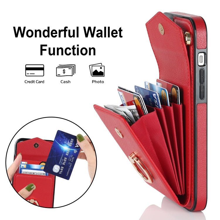 For iPhone 14 Ring Holder RFID Card Slot Phone Case with Long Lanyard(Red) - iPhone 14 Cases by buy2fix | Online Shopping UK | buy2fix