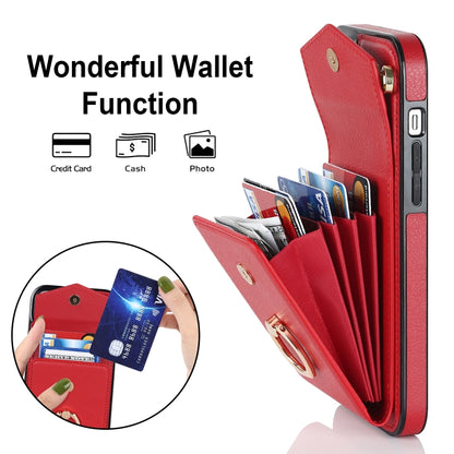 For iPhone 14 Ring Holder RFID Card Slot Phone Case with Long Lanyard(Red) - iPhone 14 Cases by buy2fix | Online Shopping UK | buy2fix