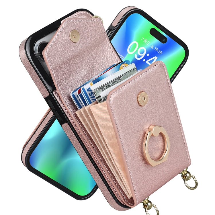 For iPhone 14 Ring Holder RFID Card Slot Phone Case with Long Lanyard(Rose Gold) - iPhone 14 Cases by buy2fix | Online Shopping UK | buy2fix