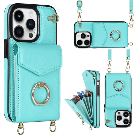 For iPhone 14 Ring Holder RFID Card Slot Phone Case with Long Lanyard(Mint Green) - iPhone 14 Cases by buy2fix | Online Shopping UK | buy2fix