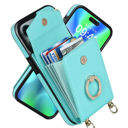 For iPhone 14 Ring Holder RFID Card Slot Phone Case with Long Lanyard(Mint Green) - iPhone 14 Cases by buy2fix | Online Shopping UK | buy2fix