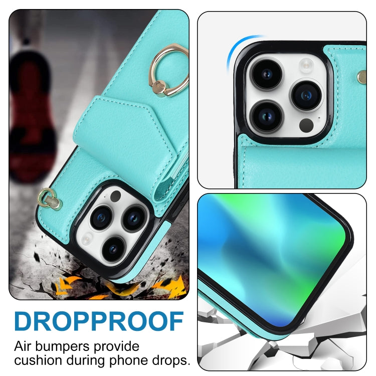 For iPhone 14 Ring Holder RFID Card Slot Phone Case with Long Lanyard(Mint Green) - iPhone 14 Cases by buy2fix | Online Shopping UK | buy2fix