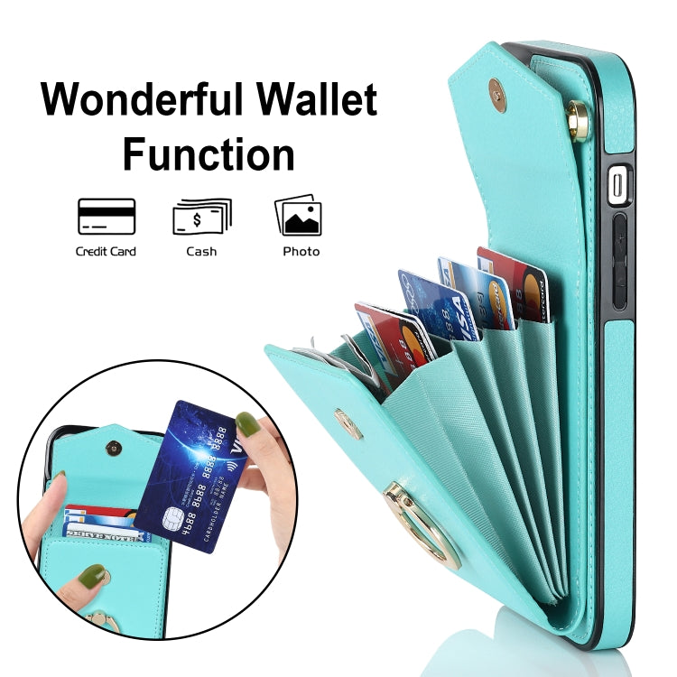 For iPhone 14 Ring Holder RFID Card Slot Phone Case with Long Lanyard(Mint Green) - iPhone 14 Cases by buy2fix | Online Shopping UK | buy2fix