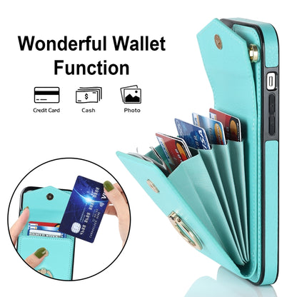 For iPhone 14 Ring Holder RFID Card Slot Phone Case with Long Lanyard(Mint Green) - iPhone 14 Cases by buy2fix | Online Shopping UK | buy2fix
