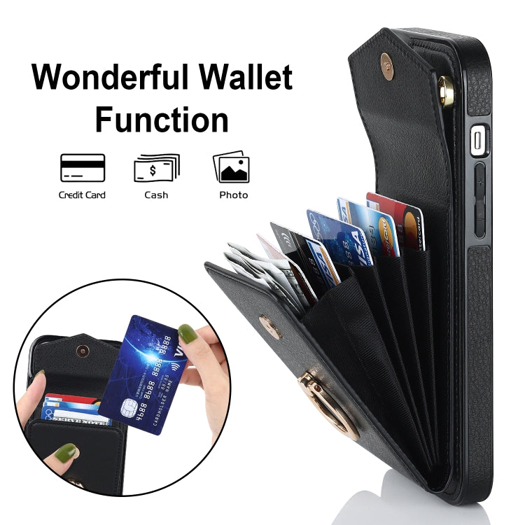 For iPhone 14 Plus Ring Holder RFID Card Slot Phone Case with Long Lanyard(Black) - iPhone 14 Plus Cases by buy2fix | Online Shopping UK | buy2fix