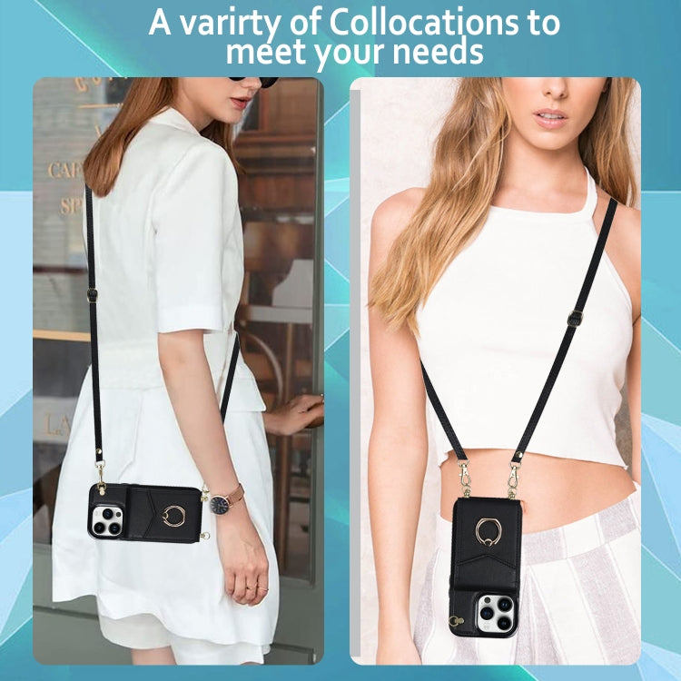For iPhone 14 Plus Ring Holder RFID Card Slot Phone Case with Long Lanyard(Black) - iPhone 14 Plus Cases by buy2fix | Online Shopping UK | buy2fix
