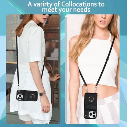 For iPhone 14 Plus Ring Holder RFID Card Slot Phone Case with Long Lanyard(Black) - iPhone 14 Plus Cases by buy2fix | Online Shopping UK | buy2fix