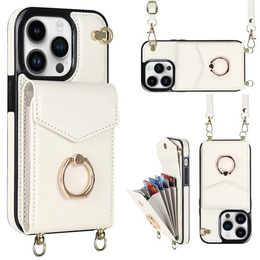 For iPhone 14 Plus Ring Holder RFID Card Slot Phone Case with Long Lanyard(Beige) - iPhone 14 Plus Cases by buy2fix | Online Shopping UK | buy2fix