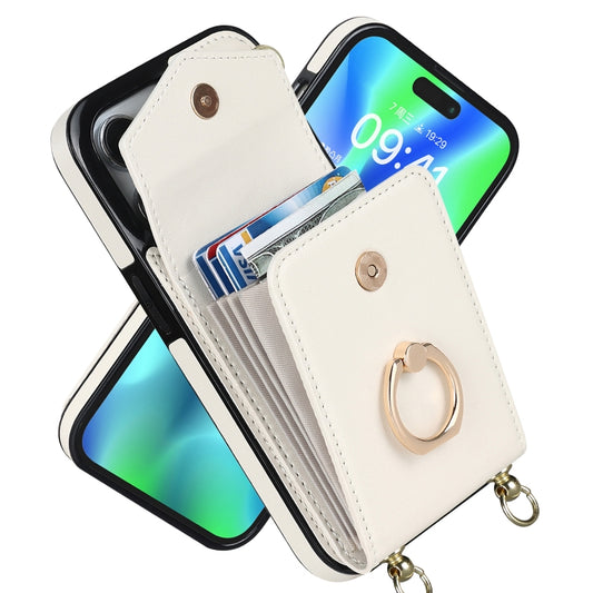 For iPhone 14 Plus Ring Holder RFID Card Slot Phone Case with Long Lanyard(Beige) - iPhone 14 Plus Cases by buy2fix | Online Shopping UK | buy2fix