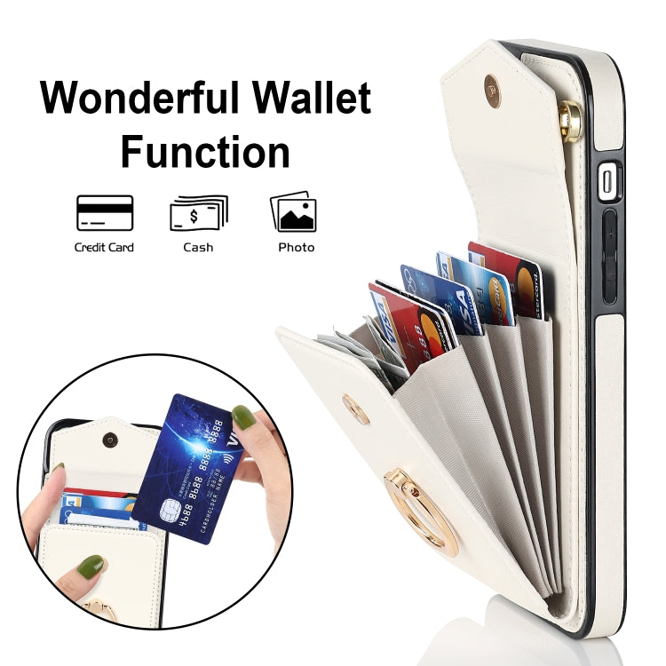 For iPhone 14 Plus Ring Holder RFID Card Slot Phone Case with Long Lanyard(Beige) - iPhone 14 Plus Cases by buy2fix | Online Shopping UK | buy2fix