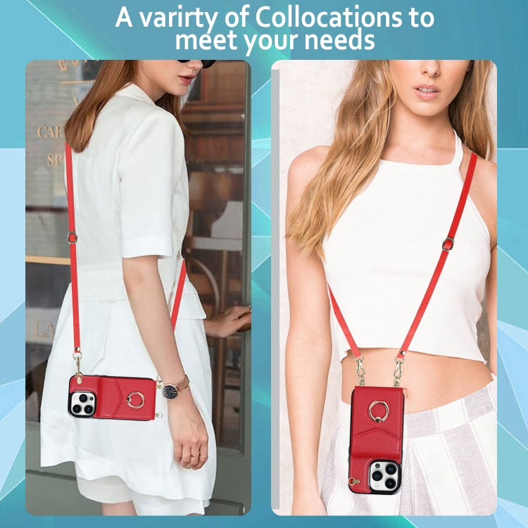 For iPhone 14 Plus Ring Holder RFID Card Slot Phone Case with Long Lanyard(Red) - iPhone 14 Plus Cases by buy2fix | Online Shopping UK | buy2fix