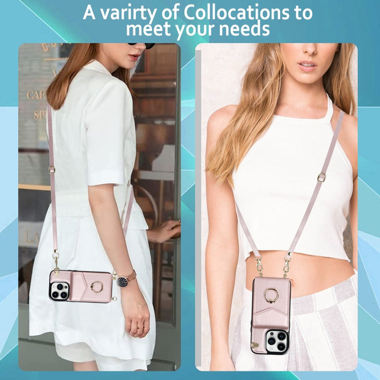 For iPhone 14 Pro Max Ring Holder RFID Card Slot Phone Case with Long Lanyard(Rose Gold) - iPhone 14 Pro Max Cases by buy2fix | Online Shopping UK | buy2fix
