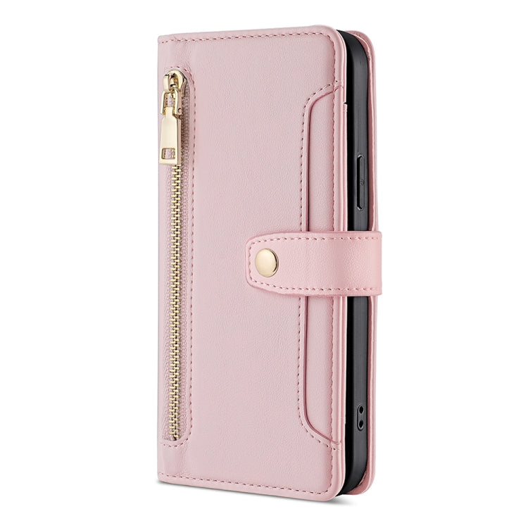 For OnePlus 11 Sheep Texture Cross-body Zipper Wallet Leather Phone Case(Pink) - OnePlus Cases by buy2fix | Online Shopping UK | buy2fix