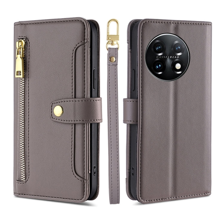 For OnePlus 11 Sheep Texture Cross-body Zipper Wallet Leather Phone Case(Grey) - OnePlus Cases by buy2fix | Online Shopping UK | buy2fix