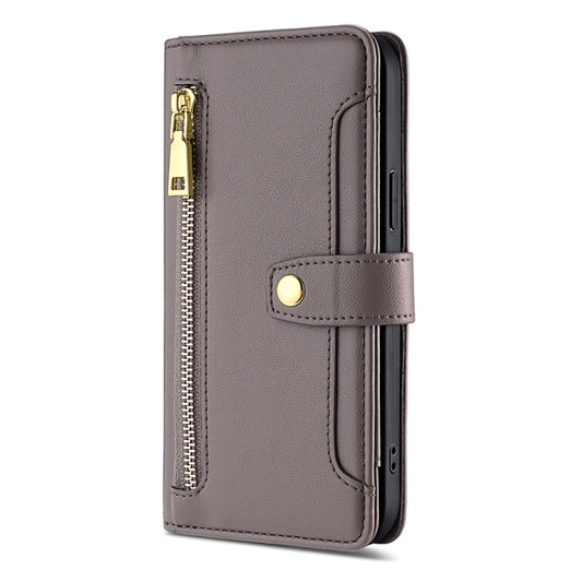 For OnePlus 11 Sheep Texture Cross-body Zipper Wallet Leather Phone Case(Grey) - OnePlus Cases by buy2fix | Online Shopping UK | buy2fix