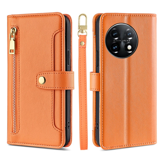 For OnePlus 11 Sheep Texture Cross-body Zipper Wallet Leather Phone Case(Orange) - OnePlus Cases by buy2fix | Online Shopping UK | buy2fix