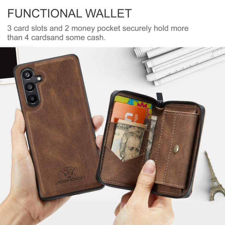 For Samsung Galaxy A15 5G JEEHOOD Magnetic Zipper Horizontal Flip Leather Phone Case(Brown) - Galaxy Phone Cases by JEEHOOD | Online Shopping UK | buy2fix