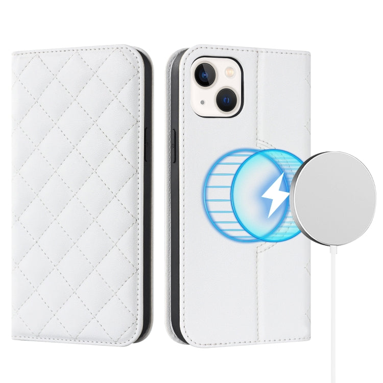 For iPhone 13 mini Rhombic MagSafe RFID Anti-Theft Wallet Leather Phone Case(White) by buy2fix