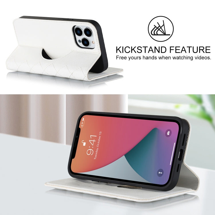 For iPhone 12 / 12 Pro Rhombic MagSafe RFID Anti-Theft Wallet Leather Phone Case(White) by buy2fix