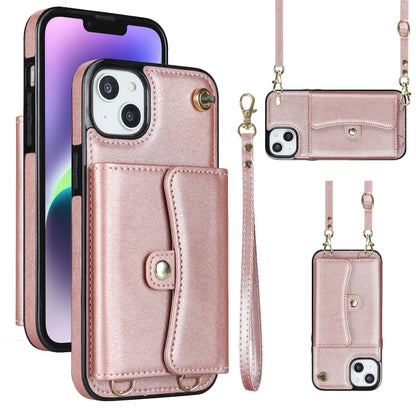 For iPhone 14 / 13 RFID Card Slot Phone Case with Long Lanyard(Rose Gold) - iPhone 14 Cases by buy2fix | Online Shopping UK | buy2fix