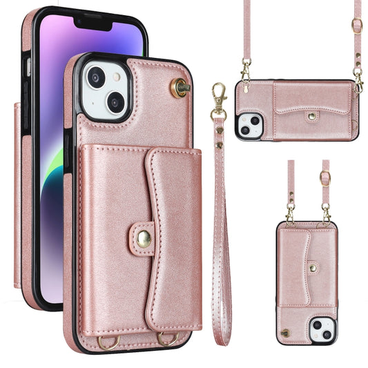 For iPhone 14 / 13 RFID Card Slot Phone Case with Long Lanyard(Rose Gold) - iPhone 14 Cases by buy2fix | Online Shopping UK | buy2fix