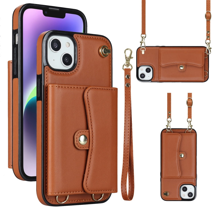 For iPhone 14 / 13 RFID Card Slot Phone Case with Long Lanyard(Brown) - iPhone 14 Cases by buy2fix | Online Shopping UK | buy2fix