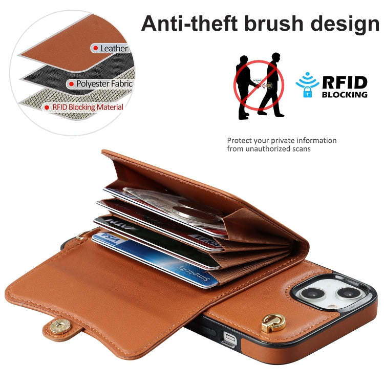 For iPhone 14 / 13 RFID Card Slot Phone Case with Long Lanyard(Brown) - iPhone 14 Cases by buy2fix | Online Shopping UK | buy2fix