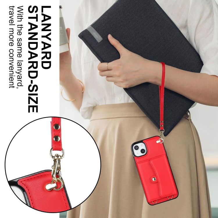 For iPhone 14 Plus RFID Card Slot Phone Case with Long Lanyard(Red) - iPhone 14 Plus Cases by buy2fix | Online Shopping UK | buy2fix