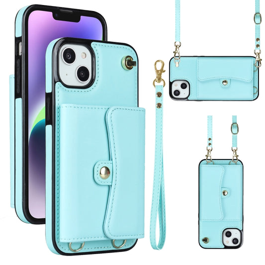 For iPhone 14 Plus RFID Card Slot Phone Case with Long Lanyard(Mint Green) - iPhone 14 Plus Cases by buy2fix | Online Shopping UK | buy2fix