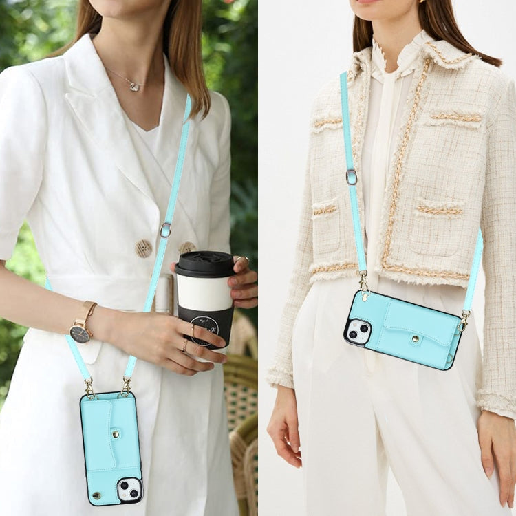 For iPhone 14 Plus RFID Card Slot Phone Case with Long Lanyard(Mint Green) - iPhone 14 Plus Cases by buy2fix | Online Shopping UK | buy2fix