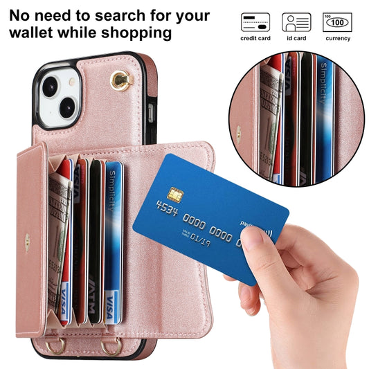 For iPhone 14 Plus RFID Card Slot Phone Case with Long Lanyard(Rose Gold) - iPhone 14 Plus Cases by buy2fix | Online Shopping UK | buy2fix