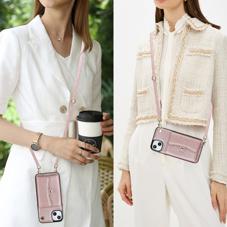For iPhone 14 Plus RFID Card Slot Phone Case with Long Lanyard(Rose Gold) - iPhone 14 Plus Cases by buy2fix | Online Shopping UK | buy2fix