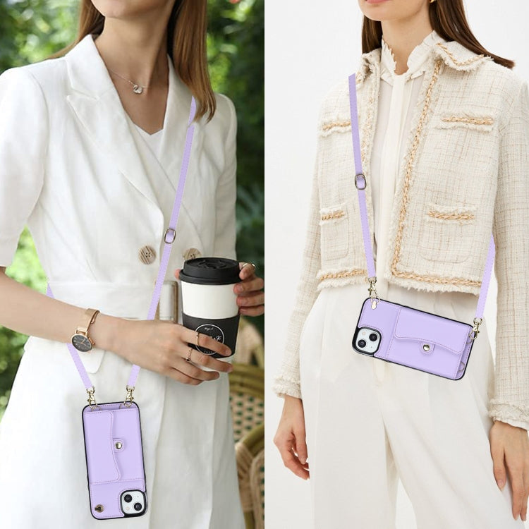 For iPhone 14 Plus RFID Card Slot Phone Case with Long Lanyard(Purple) - iPhone 14 Plus Cases by buy2fix | Online Shopping UK | buy2fix