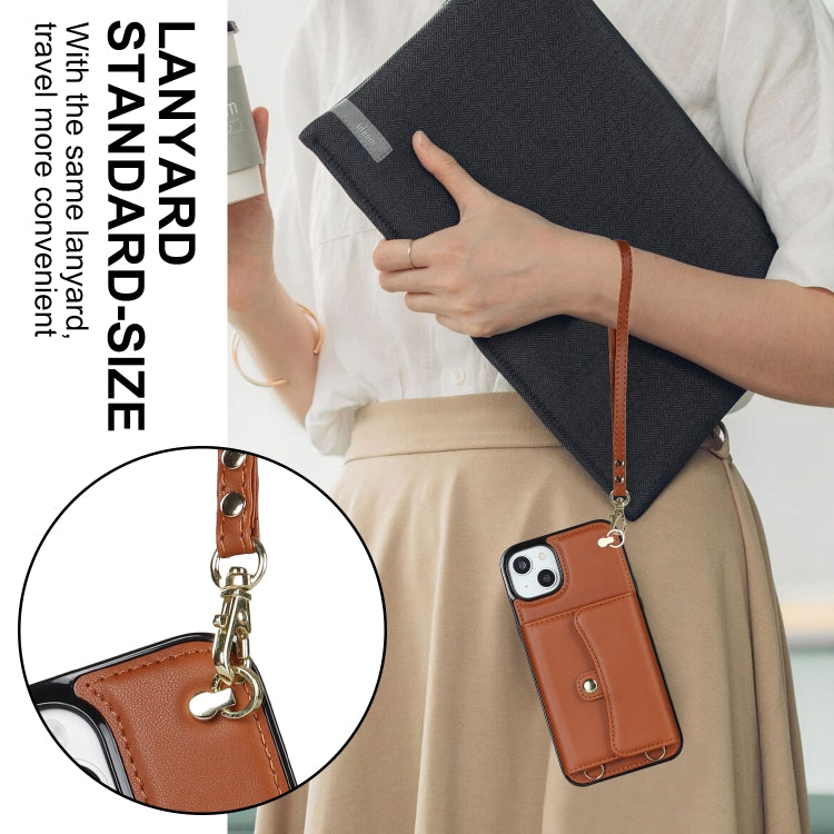 For iPhone 14 Plus RFID Card Slot Phone Case with Long Lanyard(Brown) - iPhone 14 Plus Cases by buy2fix | Online Shopping UK | buy2fix
